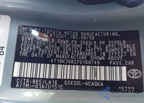 2007 Toyota Avalon Xls z USA, uszkodzony, nr VIN 4T1BK36B27U168749